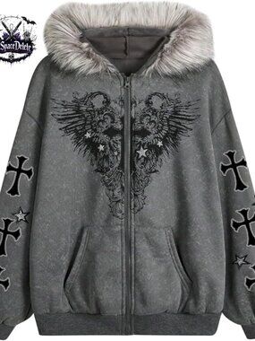 Oversized Zip Up Hoodie with Fur Collar, Gothic Graphic, Loose Fit